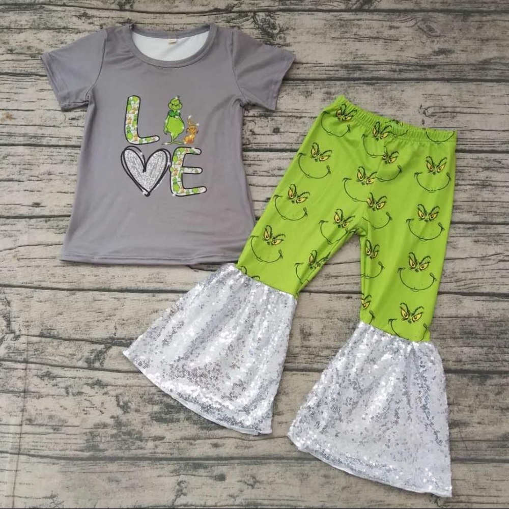 Grinch sparkly sequin pants top set love grinch